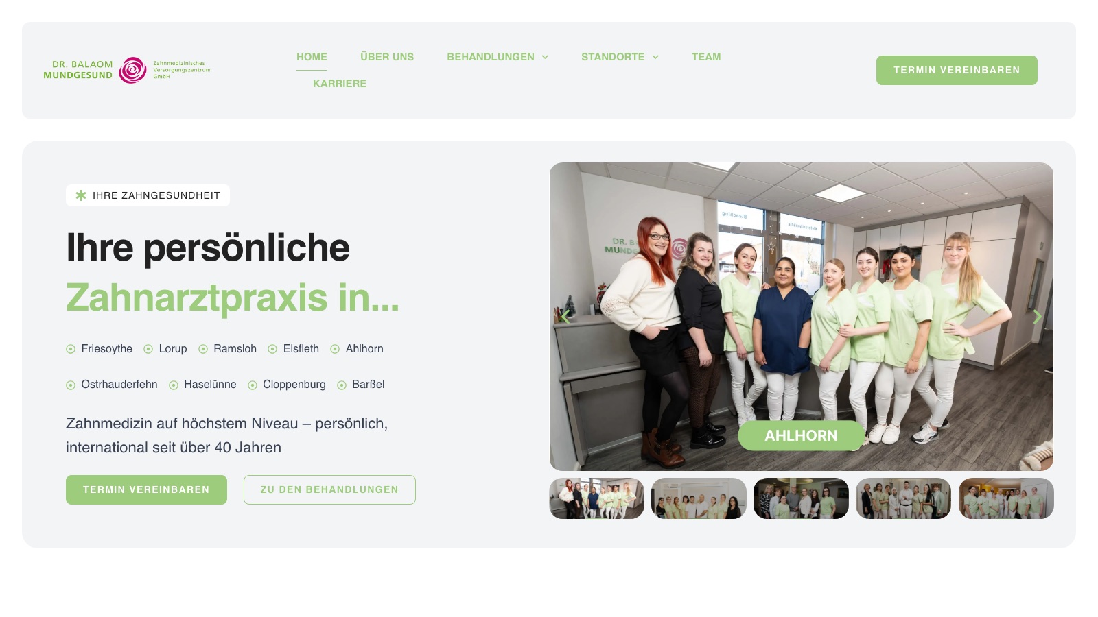 Die Website von Dr. Balaom Mundgesund mit allen neun Standorten