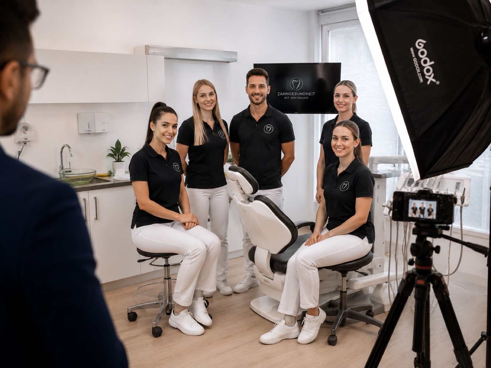 Praxisteam beim professionellen Foto- und Video-Shooting im Behandlungszimmer